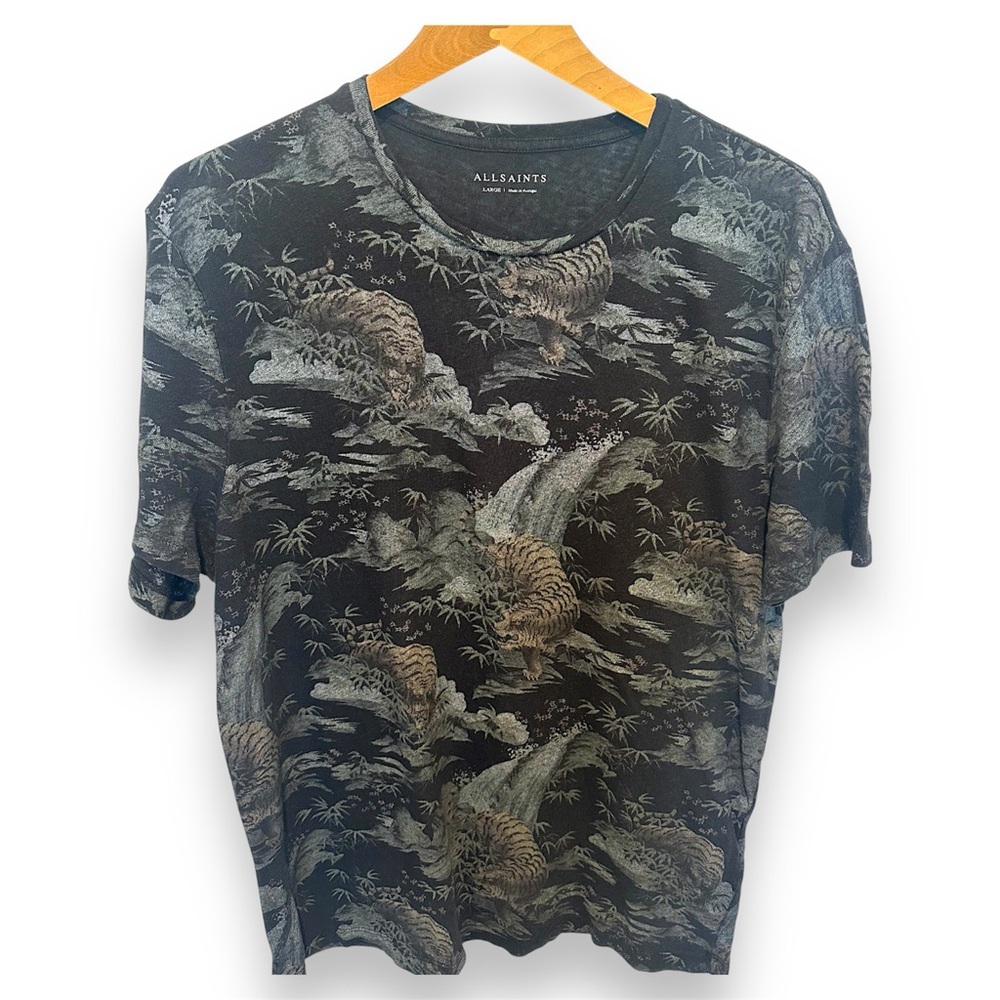 All Saints Cotton/Linen Black Tiger/Jungle Print TShirt Size L